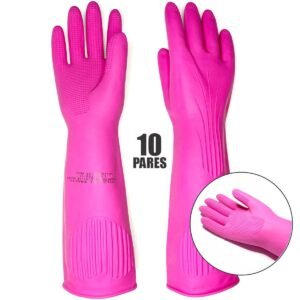 Luva Ranhurada Latéx Rosa Lava Louça Punho Longo Kit 10un