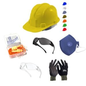 Kit Obra Pedreiro Capacete Abafador Óculos Máscara Luva